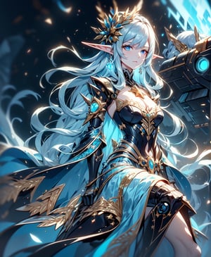 elf woman, silver hair,
Clothing with gold thread embroidery
Blue sky, thunder clouds,Circle,mecha,robot,DonMPl4sm4T3chXL ,LandCruiser40,1 girl,march 7th \(honkai: star rail\),midjourney