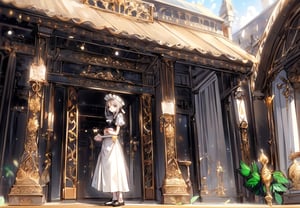 A girl wearing a classic maid outfit.
She is standing on the steps of a large mansion.