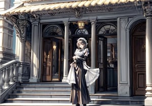 A girl wearing a classic maid outfit.
She is standing on the steps of a large mansion.