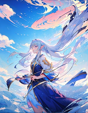 elf woman, silver hair,
Clothing with gold thread embroidery
Blue sky, thunder clouds,Circle