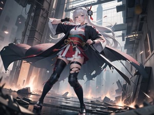 Top quality, super detailed 8k CG rendering, masterpiece, high resolution, highly detailed,
Silver-haired samurai girl,
Battle-wounded and torn kimono
Metropolis, 1 girl with very long hair and blue eyes, 
Full body, 1 girl