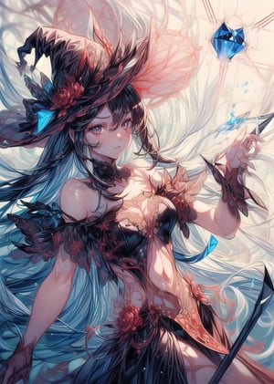 (Delicate depiction with sharp lines: 1.8)
Magician girl, long white hair, detailed hair expression,
A black dress with red embroidery, a witch's hat,
He has a cane with a blue gem on it,
dynamic pose,
Magic circle, water dancing in the air,
water temple,