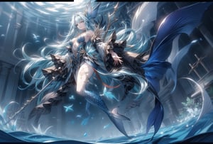 mermaid,
Fish from the waist down,
Long white hair, hair tousled by the wind,
Holding a three-pronged spear in her right hand,
She swims like a fish in the water,
Dynamic pose in the blue sea,
tropical fish