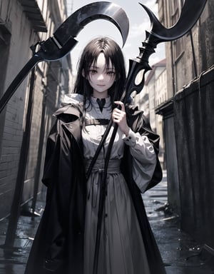 Shinigami is an 18-year-old girl.
She draws the whole body.
She holds a scythe in front of her body, which is bigger than the girl's.
A bewitching smile.
she has long black hair.
A black coat with a hood.