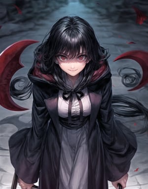 Shinigami is an 18-year-old girl.
She draws the whole body.
She holds a scythe in front of her body, which is bigger than the girl's.
A bewitching smile.
she has long black hair.
A black coat with a hood.,SharpEyess