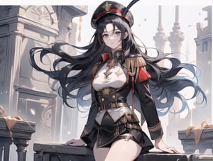 A woman, major, wearing a miniskirt military uniform.
20 years old, long black hair,
wearing a hat,
her medal is on her chest
has a whip,
Inside the base,