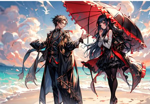 A man and a woman are looking at each other on the beach with the setting sun in the background. The man is wearing a military suit, and the woman is wearing a dress with lots of frills and lace. Anime watercolor illustration.