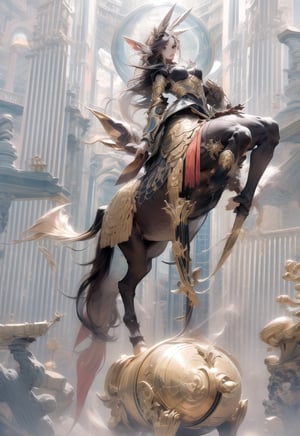 masterpiece, best quality, 
beautiful detailed eyes, 
detailed body, 
highres, 1girl, medium breasts, 
disheveled hair, round face, ponytail,
(Metal armor with golden decorations,)
fine gold embroidery,
wide shot, dynamic angle,
solo, 
(((centaur))), union of the girl's torso and the horse's body,
horse ears, two arms, four legs, 
four hooves on horse body, 
full body, detailed horse body, ,midjourney,no_humans
