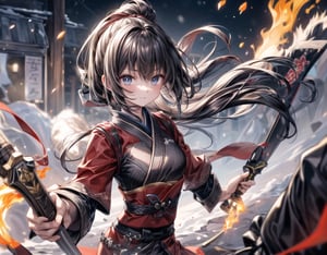 Red Samurai Sword Girl.
A background filled with flames.
Snowstorm.
snow scene
kimono.
