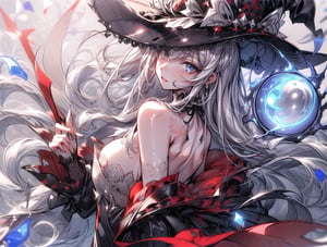 (Delicate description drawn with sharp lines: 1.8)
Magician girl, long white hair, finely drawn hair expression,
A black dress with red embroidery all over it, a witch's hat,
The girl is holding a cane with a blue gem on it,
dynamic pose,
(Magic circle deployed in countless numbers: 1.6,)
Lots of polka dots dancing in the air,
water temple,