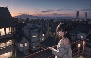 A 20-year-old woman with long black hair.
A lonely look,
She is wearing a colorful off-shoulder dress suit.
A girl is looking at the night cityscape of Tokyo from the balcony.
A city lined with buildings.
Mt. Fuji can be seen faintly through the gap between the buildings.
the setting sun,
Sky at 7pm