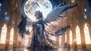 angel, goddess, golden embroidery,
big white wings,
Cathedral,
Stained glass,
full moon,midjourney,march 7th \(honkai: star rail\)