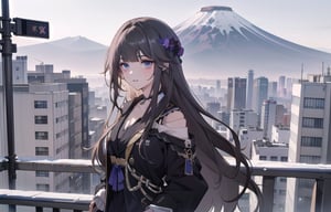 A 20-year-old woman with long black hair.
She wears a suit that resembles a luxurious dress,
A girl is looking at the cityscape of Tokyo from the balcony.
A city lined with buildings.
Mt. Fuji can be seen faintly through the gap between the buildings.