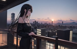 A 20-year-old woman with long black hair.
A lonely look,
She is wearing a colorful off-shoulder dress suit.
A girl is looking at the Tokyo skyline from the balcony.
A city lined with buildings.
Mt. Fuji can be seen faintly through the gap between the buildings.
the setting sun,
Sky at 7pm