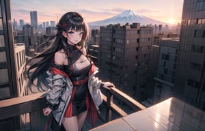 A 20-year-old woman with long black hair.
She is wearing a colorful off-shoulder dress suit.
A girl is looking at the Tokyo skyline from the balcony.
A city lined with buildings.
Mt. Fuji can be seen faintly through the gap between the buildings.