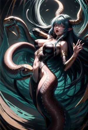 Lamia,
A woman and a snake's tail
sticking out the snake's tongue
Whole body, dynamic pose,
Attack with the tail,
desert,