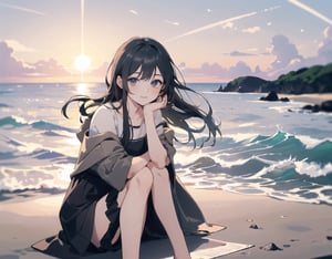 A girl sitting on the sandy beach.
Her long hair is swaying in the wind as she shines golden in the setting sun.
She is watching the sunset over the sea.