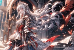 Princess knight, silver hair, tied hair,
Armor like a tiara,
Hair tousled by the wind,
white dress with red embroidery with metal,
crystal temple, stained glass,
Large Sword & Large Shield