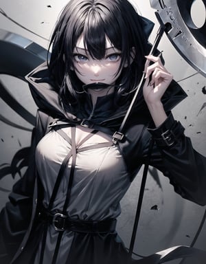 Shinigami is an 18-year-old girl.
She draws the whole body.
She holds a large scythe in front of her.
A bewitching smile.
she has long black hair.
A black coat with a hood.