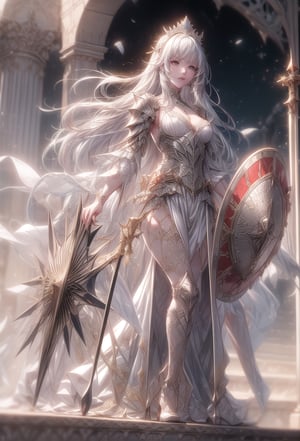 Princess knight, silver hair, tied hair,
Armor like a tiara,
Hair tousled by the wind,
white dress with red embroidery with metal,
crystal temple, stained glass,
A large, heavy-looking sword and a heavy-looking shield