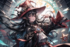 Magician girl, long black hair, witch hat,
Magic Circle,
ice temple,
