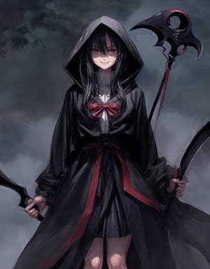 Shinigami is an 18-year-old girl.
She draws the whole body.
She holds a scythe in front of her body, which is bigger than the girl's.
A bewitching smile.
she has long black hair.
A black coat with a hood.,SharpEyess