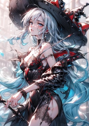 (Delicate depiction with sharp lines: 1.8)
Magician girl, long white hair, detailed hair expression,
A black dress with red embroidery all over, a witch hat,
The girl has a cane with a blue gem on it,
dynamic pose,
Magic circle: 1.6, water is dancing in the air,
water temple,1 girl