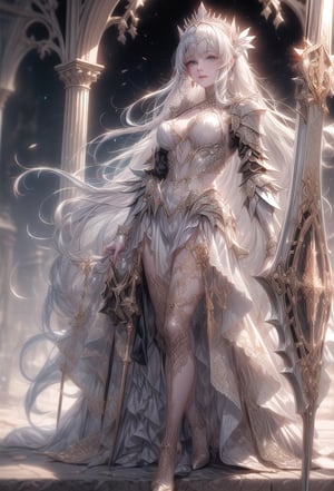 Princess knight, silver hair, tied hair,
Armor like a tiara,
Hair tousled by the wind,
white dress with red embroidery with metal,
crystal temple, stained glass,
A large, heavy-looking sword and a heavy-looking shield