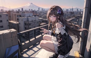 A 20-year-old woman with long black hair.
She is wearing a colorful off-shoulder dress suit.
A girl is looking at the Tokyo skyline from the balcony.
A city lined with buildings.
Mt. Fuji can be seen faintly through the gap between the buildings.