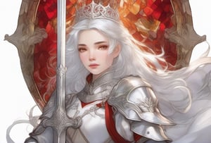 Princess knight, silver hair, tied hair,
Armor like a tiara,
Hair tousled by the wind,
white dress with red embroidery with metal,
crystal temple, stained glass,
A large, heavy-looking sword and a heavy-looking shield