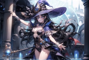 Magician girl, long black hair, witch hat,
A pose with arms outstretched, holding a cane with a blue gemstone on it.
Magic circle, water dancing in the air,
water temple,