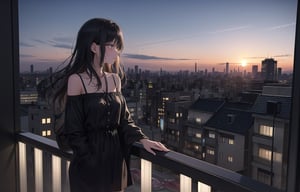 A 20-year-old woman with long black hair.
A lonely look,
She is wearing a colorful off-shoulder dress suit.
A girl is looking at the night cityscape of Tokyo from the balcony.
A city lined with buildings.
the setting sun,
Sky at 7pm