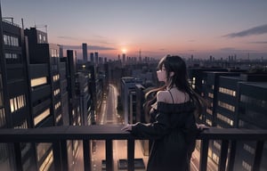 A 20-year-old woman with long black hair.
A lonely look,
She is wearing a colorful off-shoulder dress suit.
A girl is looking at the night cityscape of Tokyo from the balcony.
A city lined with buildings.
the setting sun,
Sky at 7pm