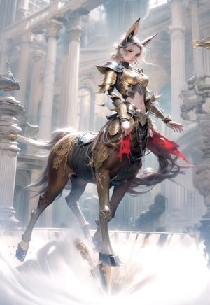 masterpiece, best quality, 
beautiful detailed eyes, 
detailed body, 
highres, 1girl, medium breasts, 
disheveled hair, round face, ponytail,
(Metal armor with golden decorations,)
fine gold embroidery,
wide shot, dynamic angle,
solo, 
(((centaur))), union of the girl's torso and the horse's body,
horse ears, two arms, four legs, 
four hooves on horse body, 
full body, detailed horse body, ,midjourney,no_humans