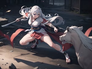 Highest quality, super detailed 8k CG rendering, masterpiece, high resolution, highly detailed,
silver haired samurai girl
Her kimono is torn from being injured in a fierce battle.
one girl with very long hair and blue eyes;
Full body, 1 girl