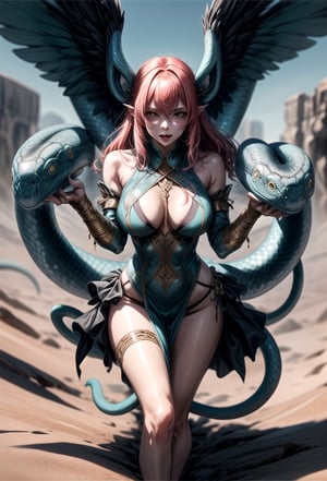 Lamia,
A snake's tail and a snake's tongue appear in place of a woman's legs.
Whole body, dynamic pose,
Attack with the tail,
desert,