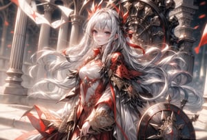 Princess knight, silver hair, tied hair,
Hair tousled by the wind,
white dress with red embroidery with metal,
crystal temple, stained glass,
Large Sword & Large Shield