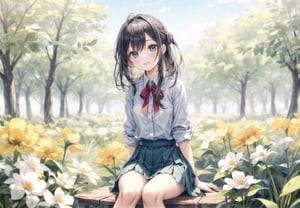 A girl sitting in a flower field.
She spreads her frilly skirt and sits down.
colorful flowers.