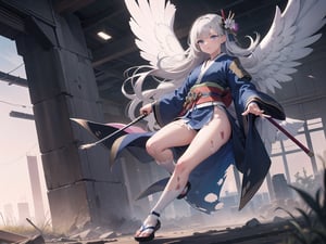 Top quality, super detailed 8k CG rendering, masterpiece, high resolution, highly detailed,
Silver-haired samurai girl,
Battle-wounded and torn kimono
Metropolis, 1 girl with very long hair and blue eyes, angel wings
Full body, 1 girl
FHD quality.