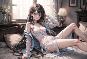 A 20-year-old woman wearing a transparent nightgown,
disheveled clothes
A room with a bed,
Draw her whole body,