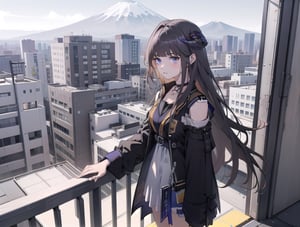 A 20-year-old woman with long black hair.
Wearing a suit that looks like a dress,
A girl is looking at the Tokyo skyline from the balcony.
A city lined with buildings.
Mt. Fuji can be seen faintly through the gap between the buildings.,hertasr,bagpipeqr