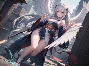 Top quality, super detailed 8k CG rendering, masterpiece, high resolution, highly detailed,
Silver-haired samurai girl,
Battle-wounded and torn kimono
Metropolis, 1 girl with very long hair and blue eyes, angel wings
Full body, 1 girl
FHD quality.