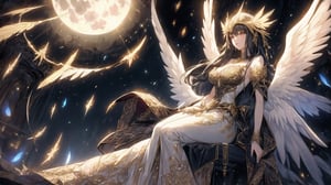 Angels, goddesses, golden embroidery, long dresses, frills,
big white wings, iron mask
Cathedral,
Stained glass,
full moon,