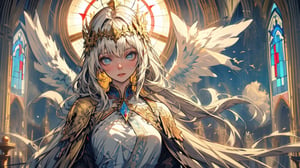 angel, goddess, golden embroidery,
big white wings,
Cathedral,
Stained glass,
full moon,