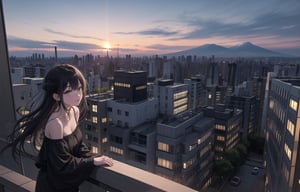 A 20-year-old woman with long black hair.
A lonely look,
She is wearing a colorful off-shoulder dress suit.
A girl is looking at the Tokyo skyline from the balcony.
A city lined with buildings.
Mt. Fuji can be seen faintly through the gap between the buildings.
the setting sun,
Sky at 7pm