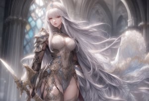 Princess knight, silver hair, tied hair,
Armor like a tiara,
Hair tousled by the wind,
white dress with red embroidery with metal,
crystal temple, stained glass,
Large Sword & Large Shield