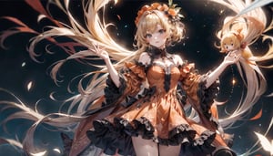 An orange dress with lots of frills,
Blonde vertical roll hair,
Greetings from Courtesy,