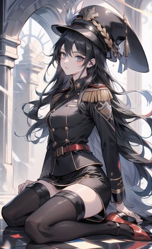 A woman wearing a miniskirt military uniform,
20 years old, long black hair,
wearing a hat,
has a whip,
Inside the base,