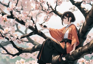 Peach blossoms in full bloom.
A girl climbing a tree.
she is wearing a white kimono.
she is sitting on a branch.
