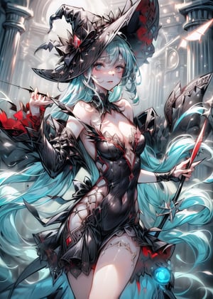 (Delicate depiction with sharp lines: 1.8)
Magician girl, long white hair, detailed hair expression,
A black dress with red embroidery all over, a witch hat,
The girl has a cane with a blue gem on it,
dynamic pose,
(Magic Circle: 1.6,) Water is dancing in the air,
water temple,